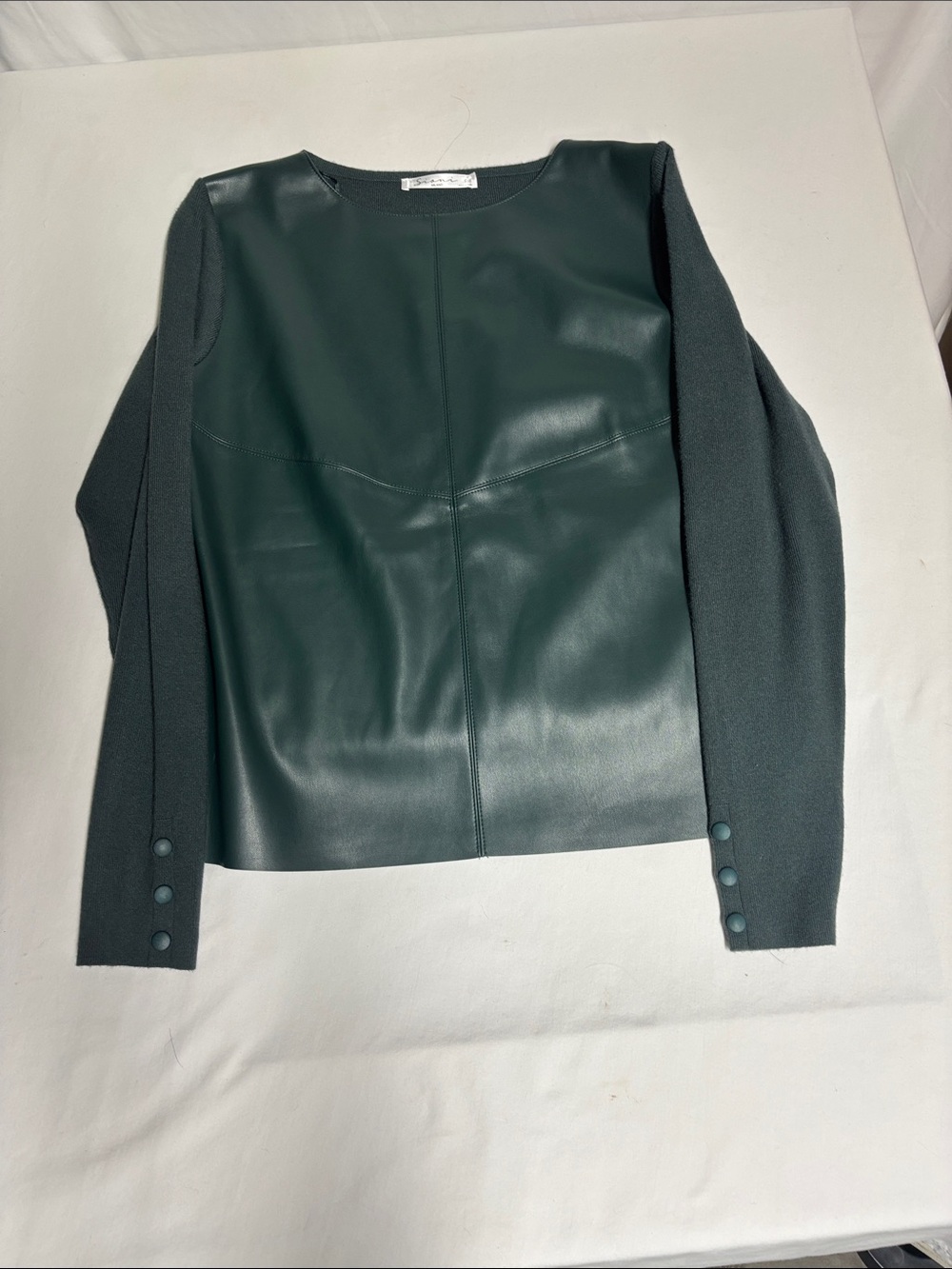 Sioni Milano Women’s Small Green Faux Leather Front Mixed Media Sweater Top